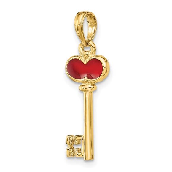 14k Yellow Gold Polished 3D Enameled Heart Key Charm